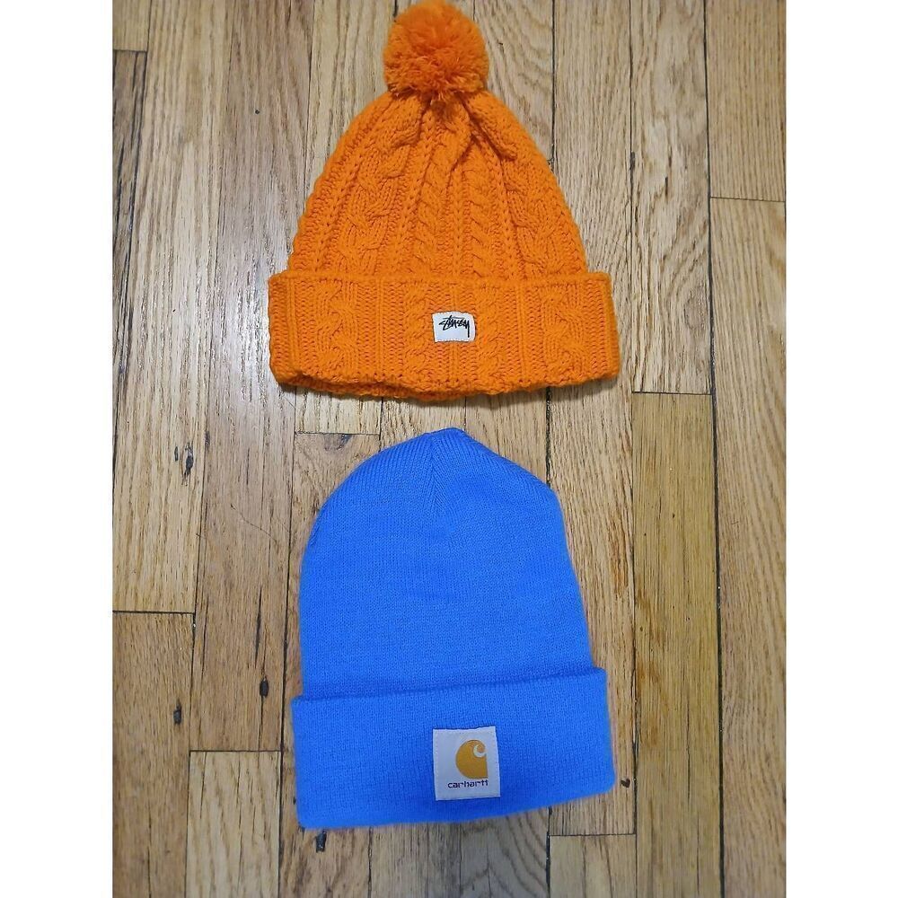 Stussy carhartt Women's winter blue beanie hat orange